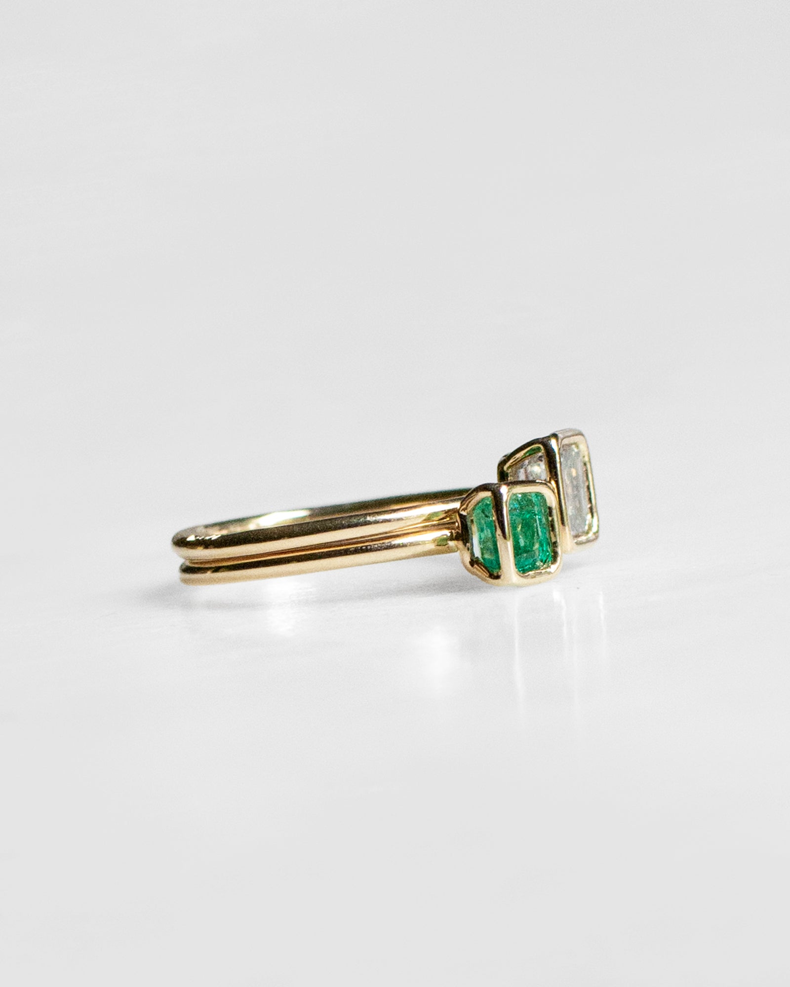 14K Mineral Diamond and Emerald Toi et Moi Floating Rings
